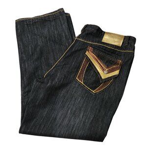 Vintage Raw Blue Jeans Mens 42 Gold Embroidered Baggy Wide Leg Y2K Flap Pockets